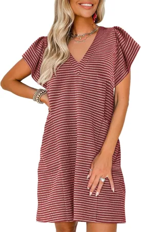 Acelitt Womens Casual Summer V Neck Cap Sleeve Shift Mini Dress with Pockets, S-XXL