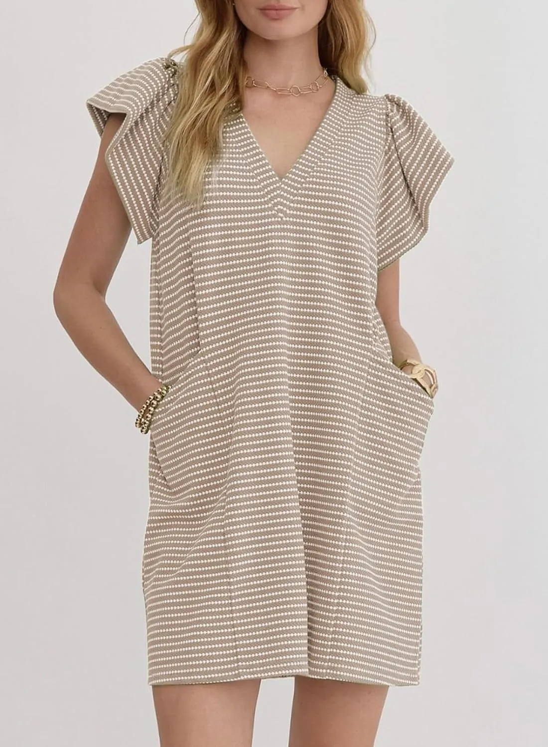 Acelitt Womens Casual Summer V Neck Cap Sleeve Shift Mini Dress with Pockets, S-XXL