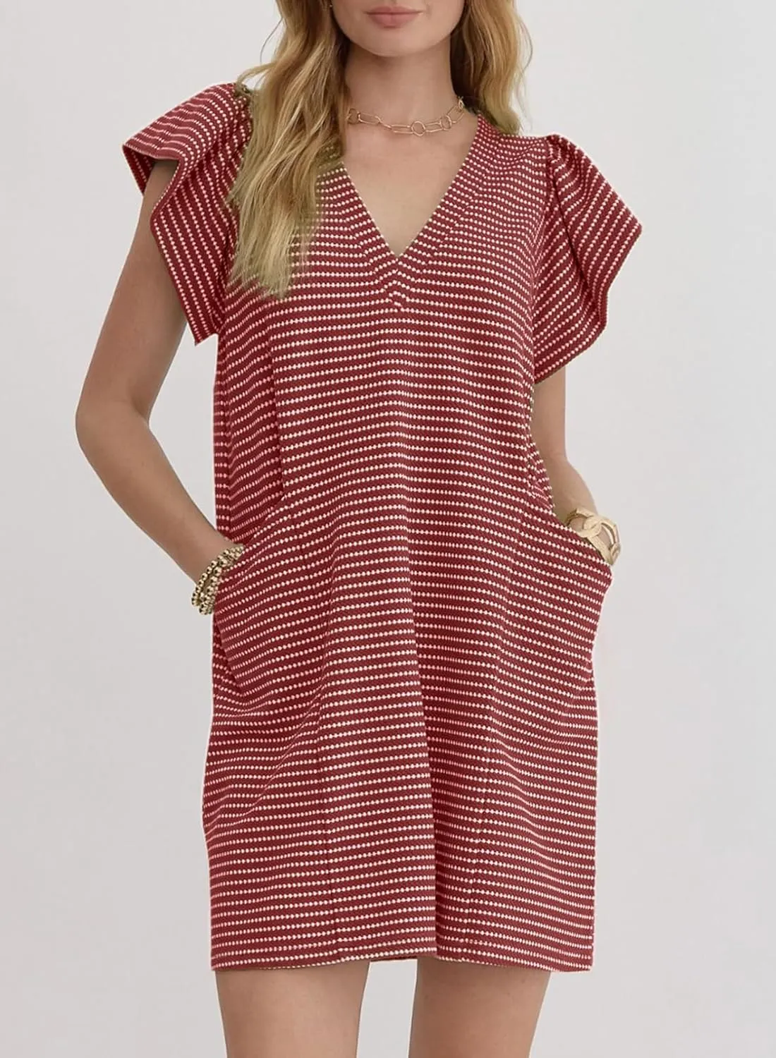 Acelitt Womens Casual Summer V Neck Cap Sleeve Shift Mini Dress with Pockets, S-XXL