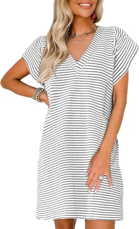 Acelitt Womens Casual Summer V Neck Cap Sleeve Shift Mini Dress with Pockets, S-XXL