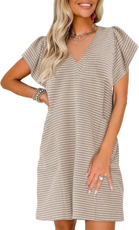 Acelitt Womens Casual Summer V Neck Cap Sleeve Shift Mini Dress with Pockets, S-XXL