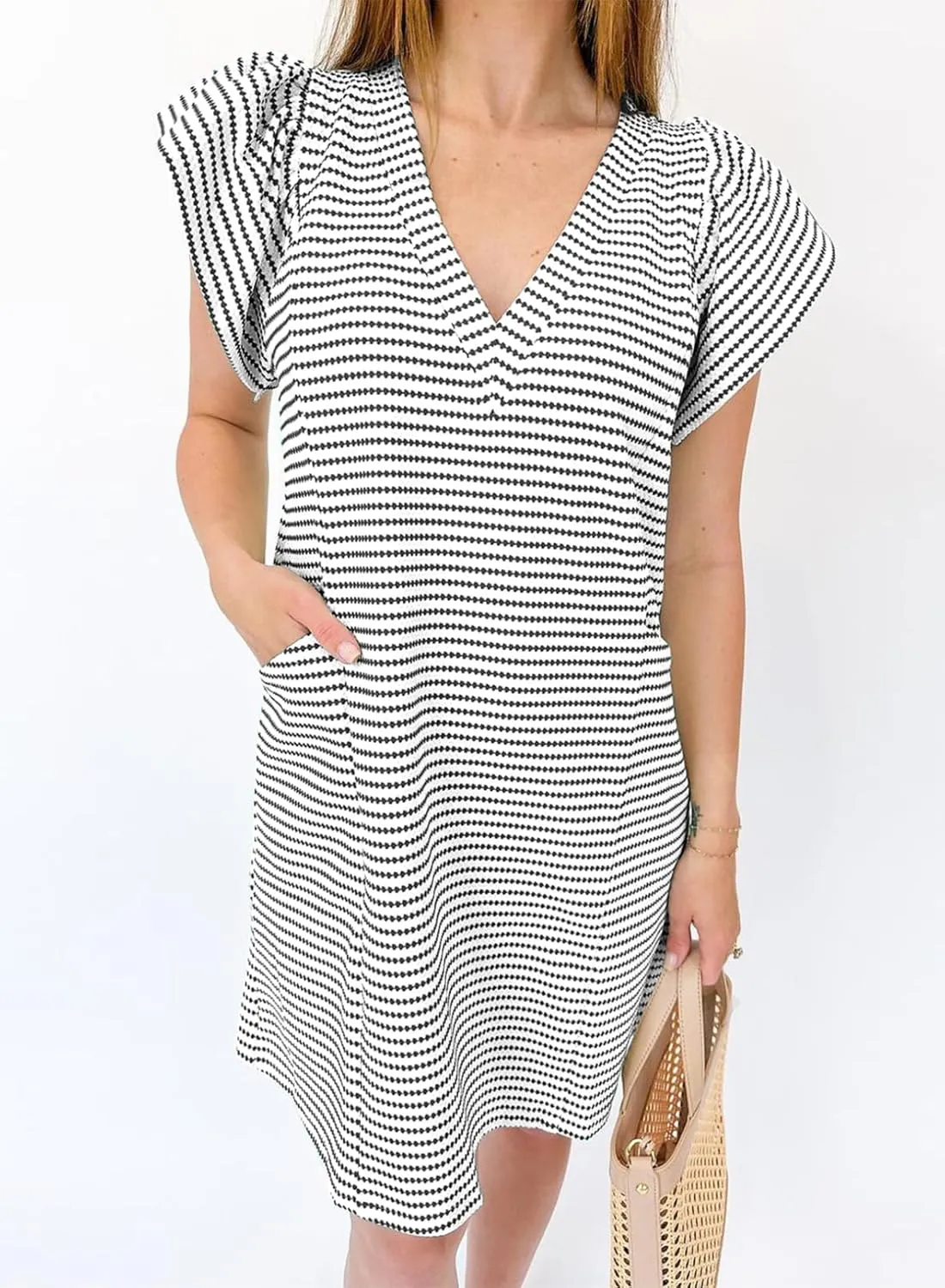 Acelitt Womens Casual Summer V Neck Cap Sleeve Shift Mini Dress with Pockets, S-XXL