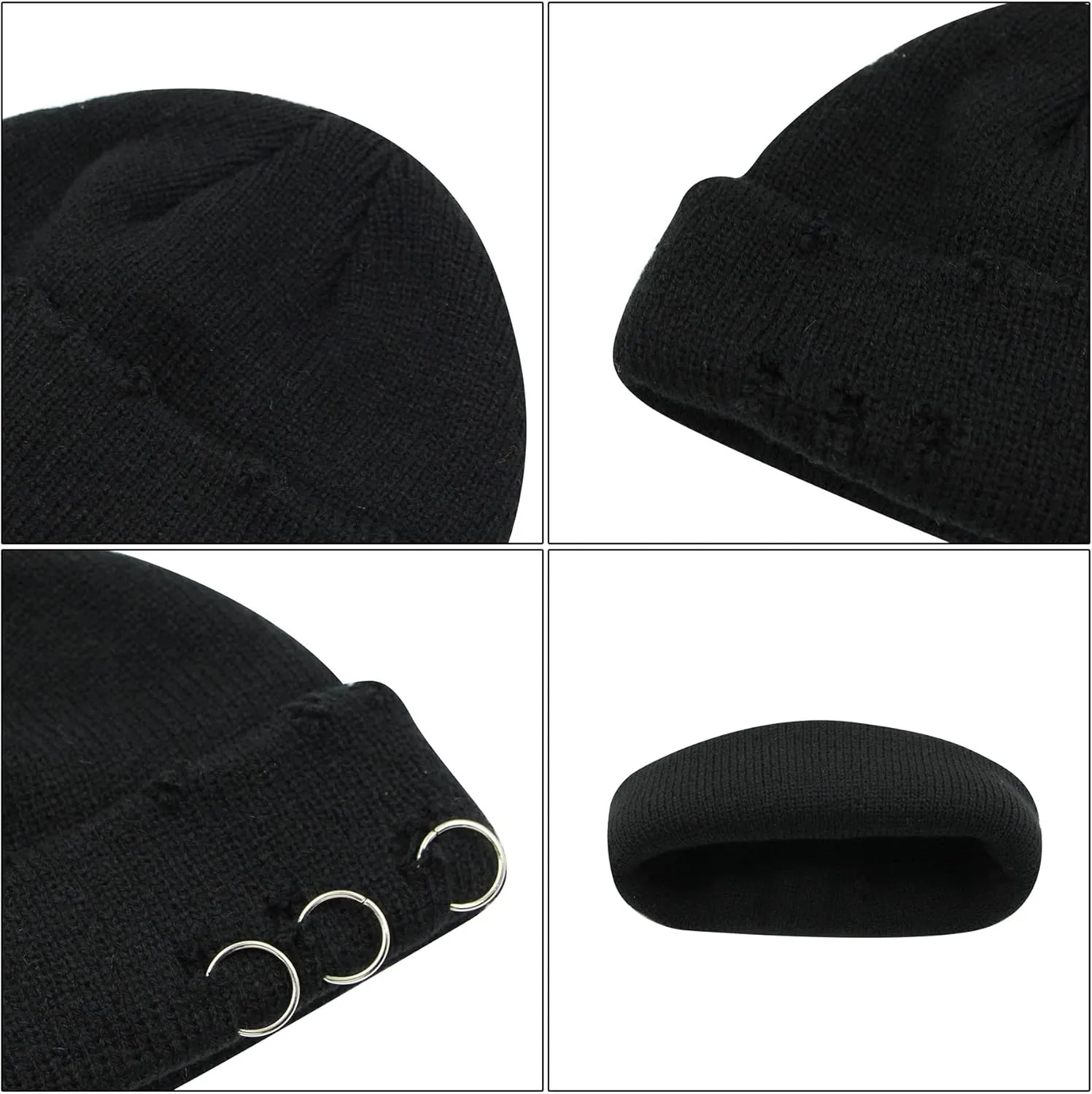 AIBEARTY Swag Short Fisherman Beanie for Men Women Rolled Cuff Beanie Skull Caps Wool Knit Winter Ski Hat with O Rings