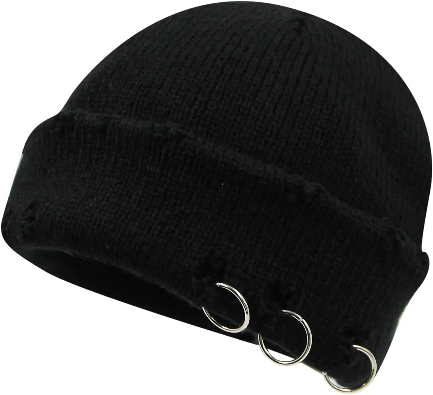 AIBEARTY Swag Short Fisherman Beanie for Men Women Rolled Cuff Beanie Skull Caps Wool Knit Winter Ski Hat with O Rings