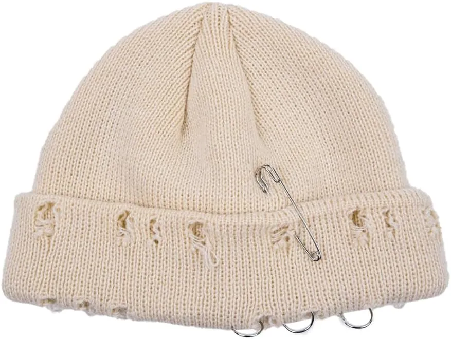 AIBEARTY Swag Short Fisherman Beanie for Men Women Rolled Cuff Beanie Skull Caps Wool Knit Winter Ski Hat with O Rings