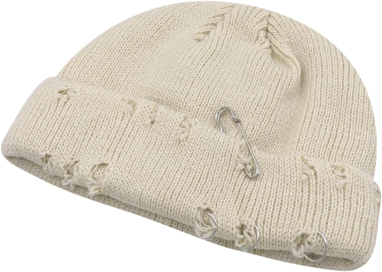 AIBEARTY Swag Short Fisherman Beanie for Men Women Rolled Cuff Beanie Skull Caps Wool Knit Winter Ski Hat with O Rings
