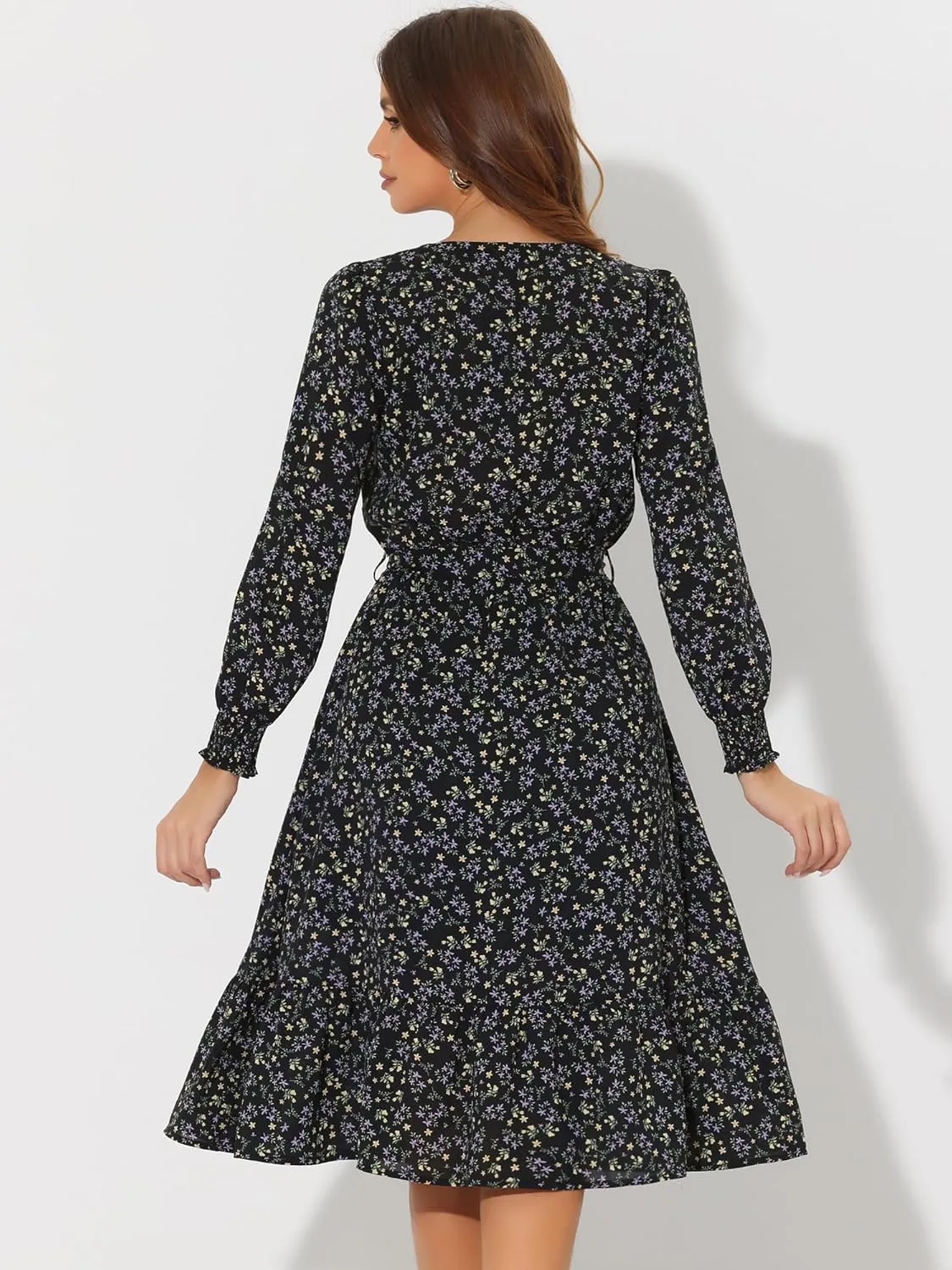 Allegra K Floral Dress for Women's V Neck Belt Waist Long Sleeve Flowy Flare Chiffon Midi Dress