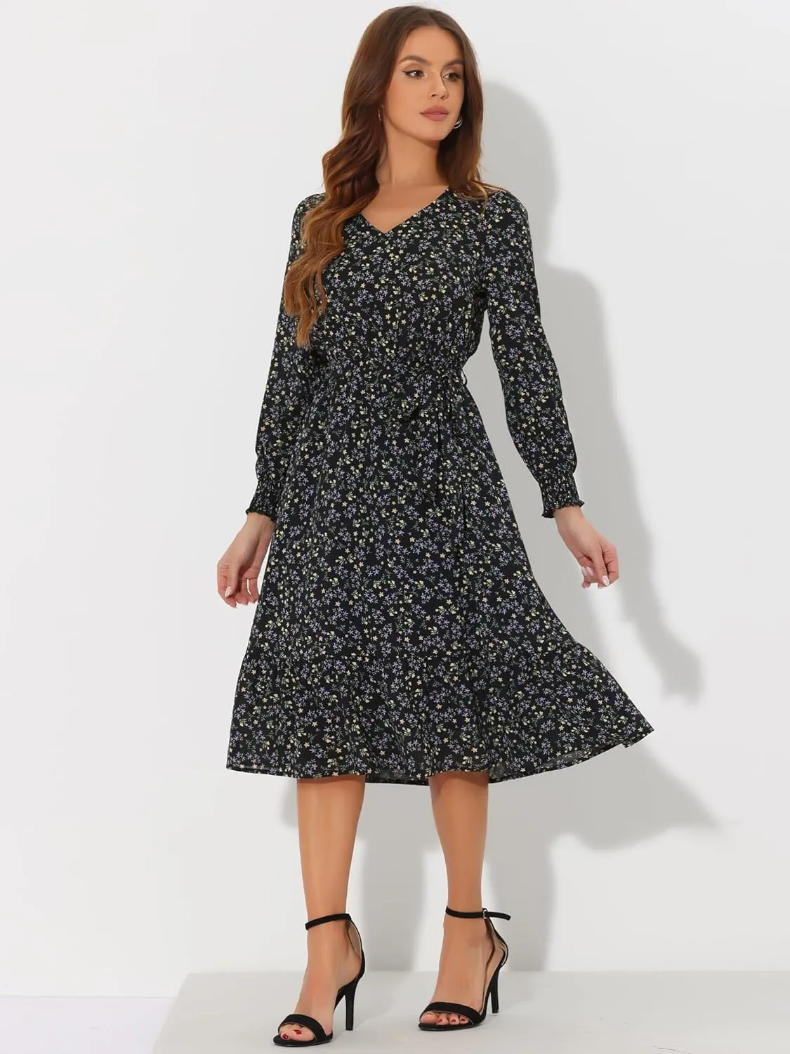 Allegra K Floral Dress for Women's V Neck Belt Waist Long Sleeve Flowy Flare Chiffon Midi Dress