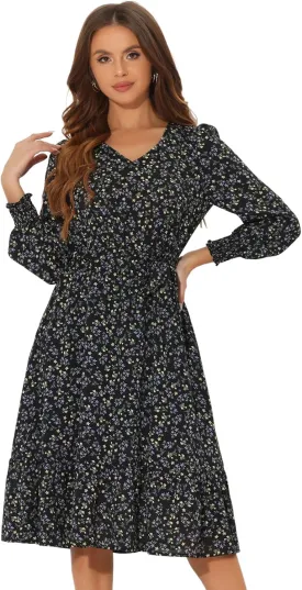 Allegra K Floral Dress for Women's V Neck Belt Waist Long Sleeve Flowy Flare Chiffon Midi Dress