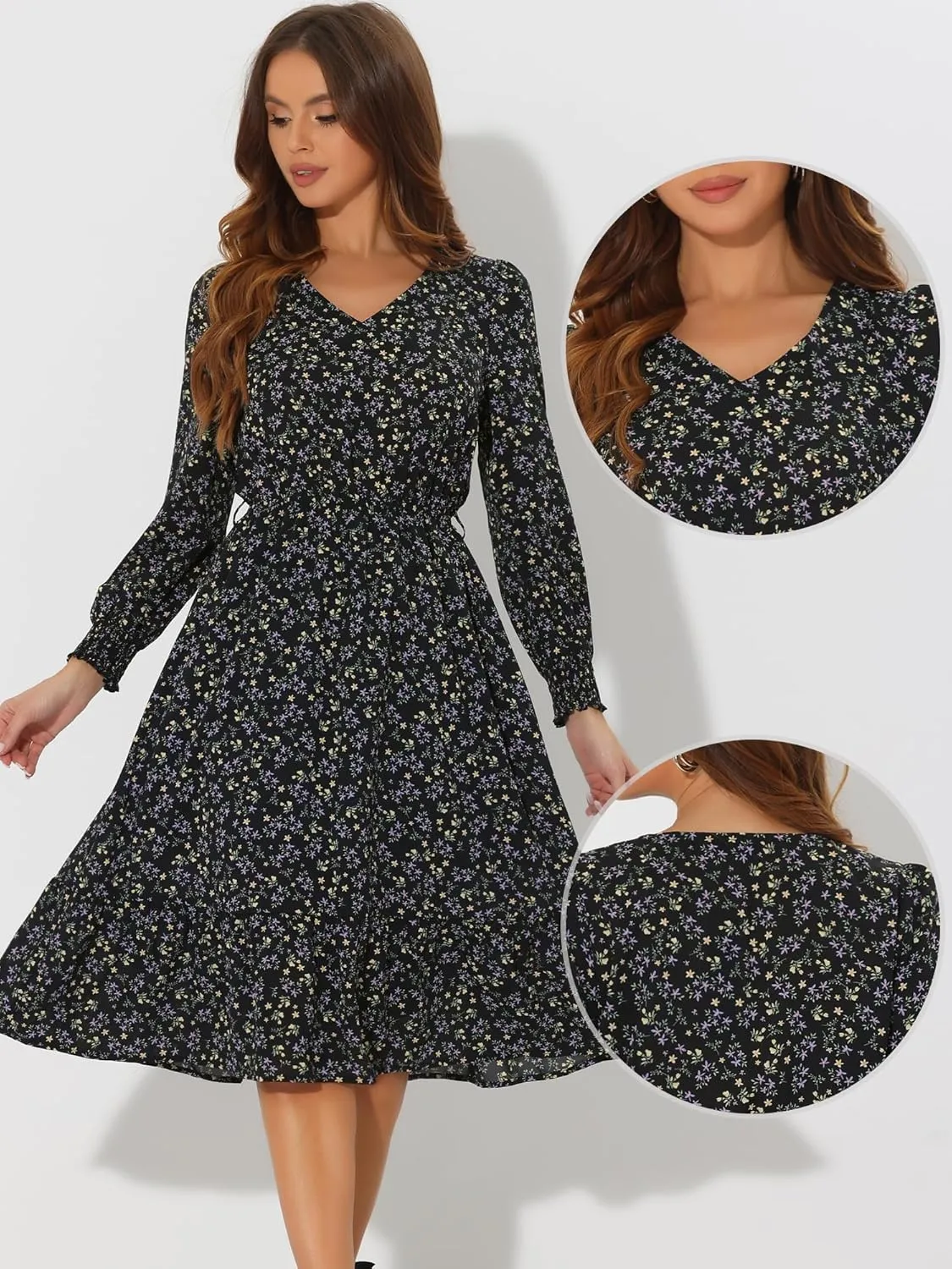 Allegra K Floral Dress for Women's V Neck Belt Waist Long Sleeve Flowy Flare Chiffon Midi Dress