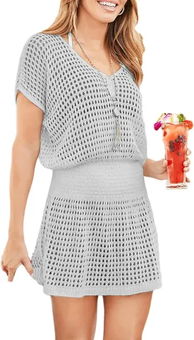 Bsubseach Women Hollow Out Beachwear Swim Cover Ups Short Sleeve V Neck Beach Vacation Tunic Dress