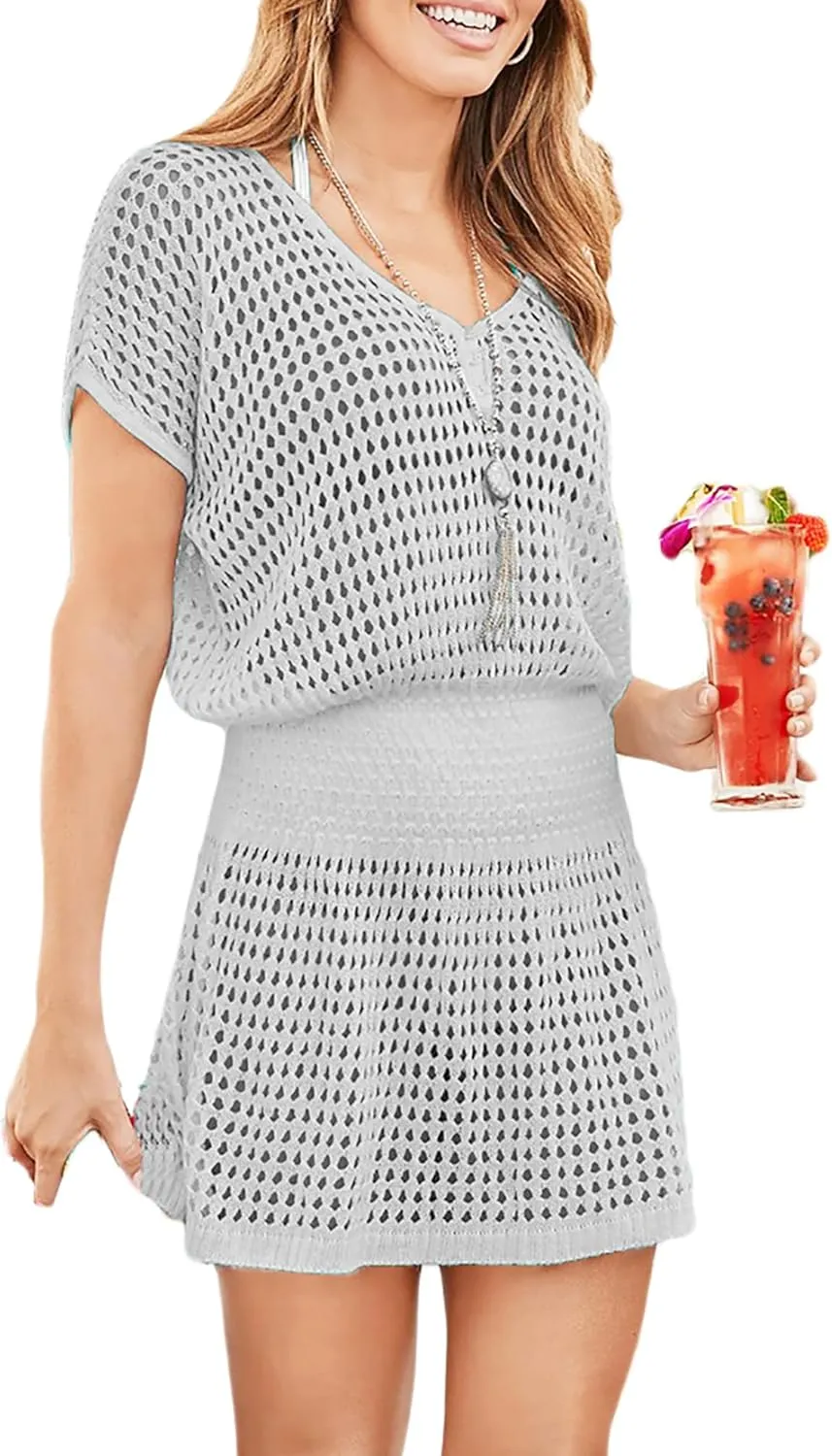 Bsubseach Women Hollow Out Beachwear Swim Cover Ups Short Sleeve V Neck Beach Vacation Tunic Dress