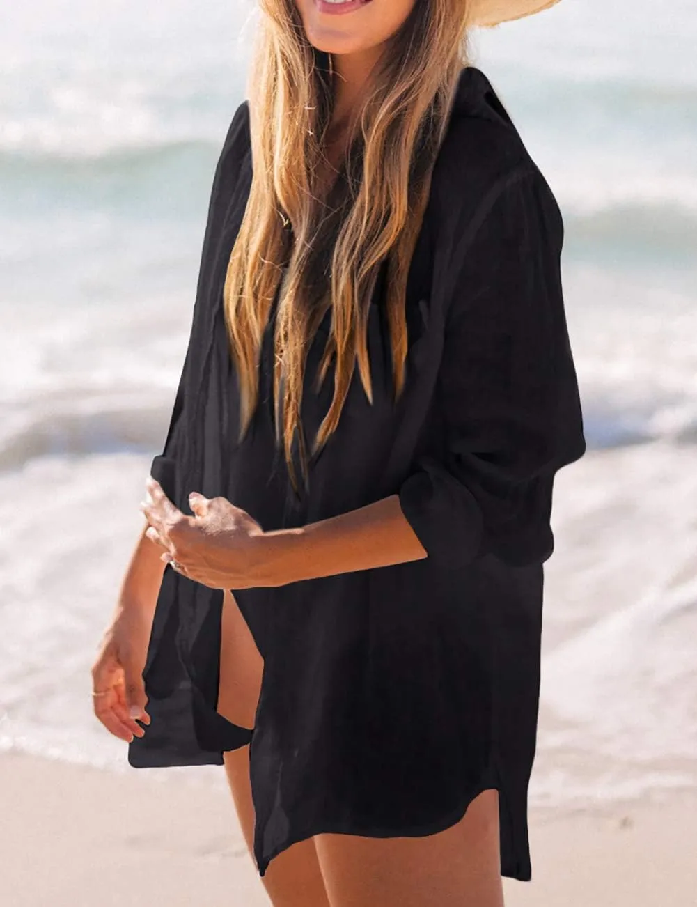 Bsubseach Women Long Sleeve Beach Shirt Blouses Bathing Suit Cover Up Button Down Collar