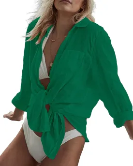 Bsubseach Women Long Sleeve Beach Shirt Blouses Bathing Suit Cover Up Button Down Collar