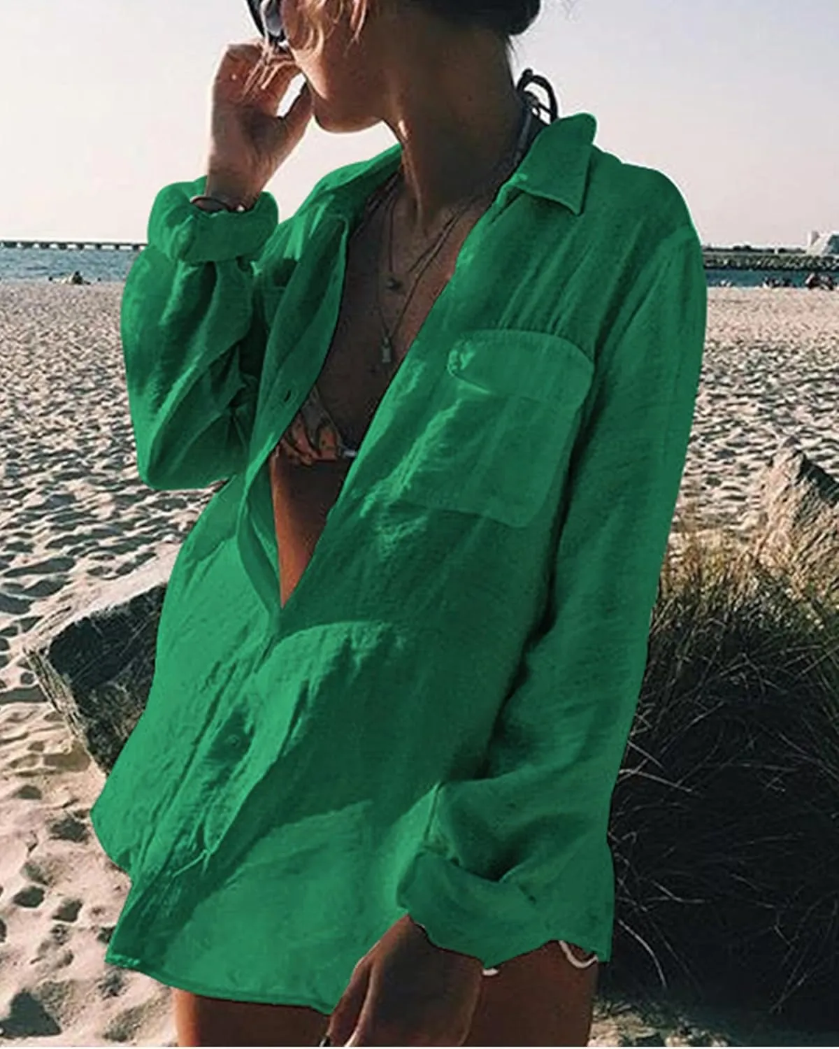 Bsubseach Women Long Sleeve Beach Shirt Blouses Bathing Suit Cover Up Button Down Collar