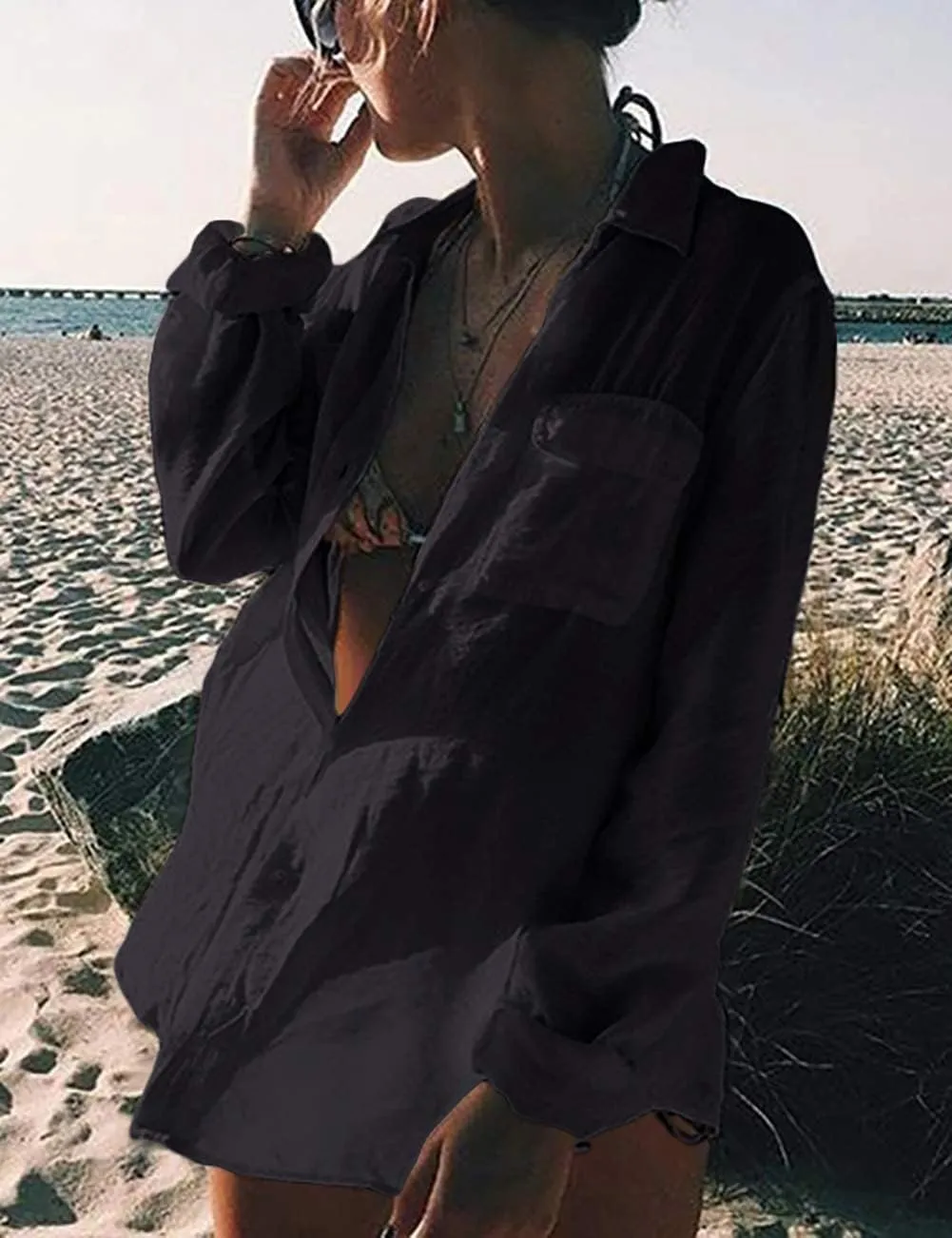 Bsubseach Women Long Sleeve Beach Shirt Blouses Bathing Suit Cover Up Button Down Collar