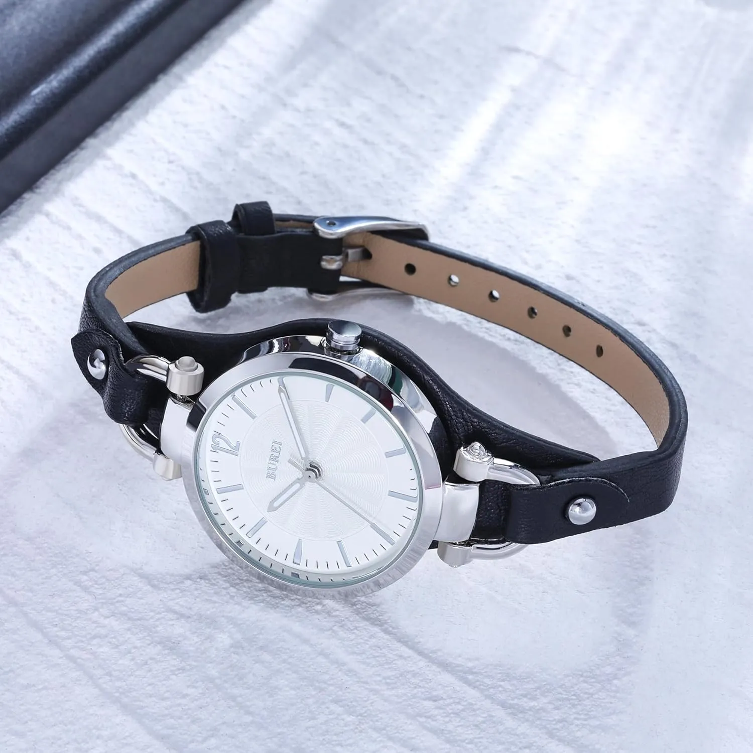 BUREI Women Watches Simple Leather Strap Quartz Watch Fashion Small Thin Ladies Watch Bracelet Band Wristwatch Relogio Feminino,Gift for Women(Brown and Black)