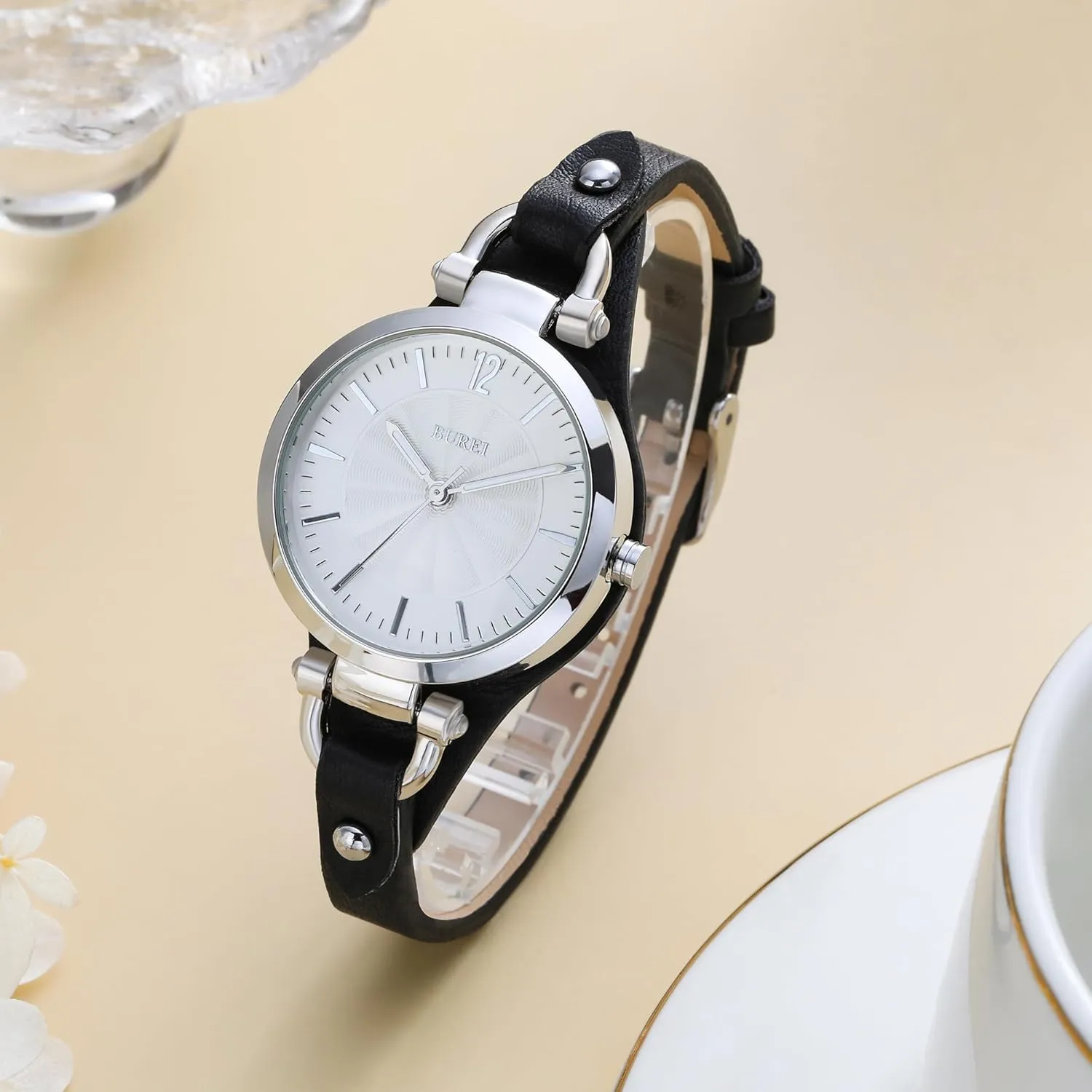 BUREI Women Watches Simple Leather Strap Quartz Watch Fashion Small Thin Ladies Watch Bracelet Band Wristwatch Relogio Feminino,Gift for Women(Brown and Black)
