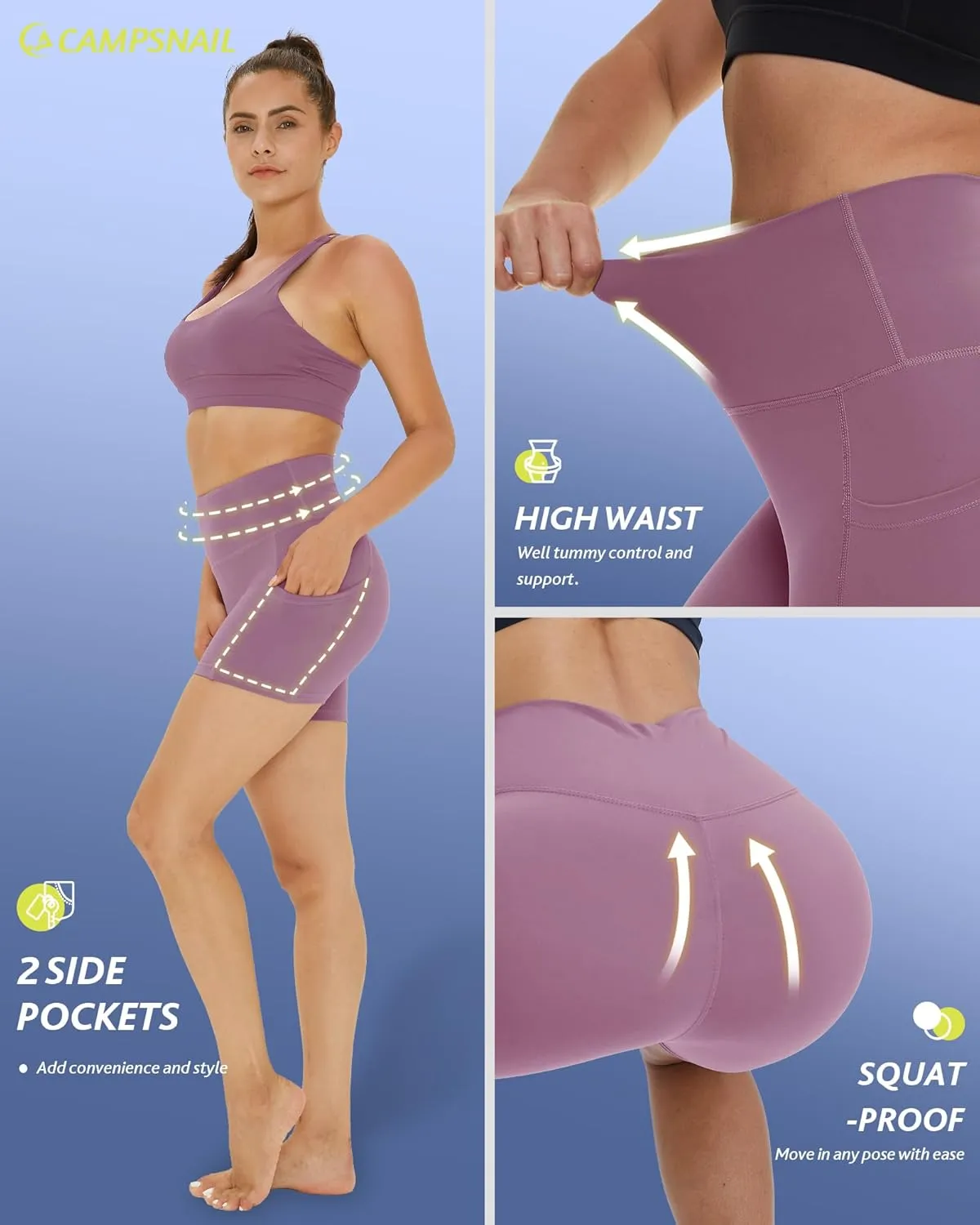 CAMPSNAIL 4 Pack Biker Shorts Women with Pockets  5"/8" High Waist Tummy Control Workout Gym Yoga Running Compression Shorts