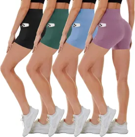 CAMPSNAIL 4 Pack Biker Shorts Women with Pockets  5"/8" High Waist Tummy Control Workout Gym Yoga Running Compression Shorts