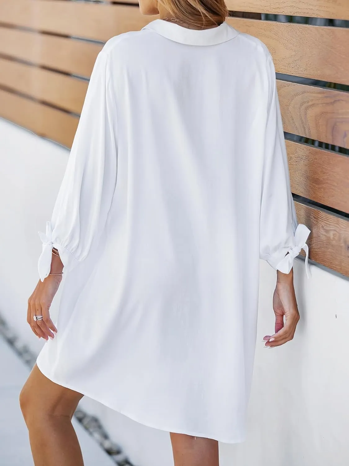 CUPSHE Women Shirt Mini Summer Dress Cover Ups 3/4 Sleeve Cuff Tie Button Down Holiday Sundress Beach Cover Up Dress