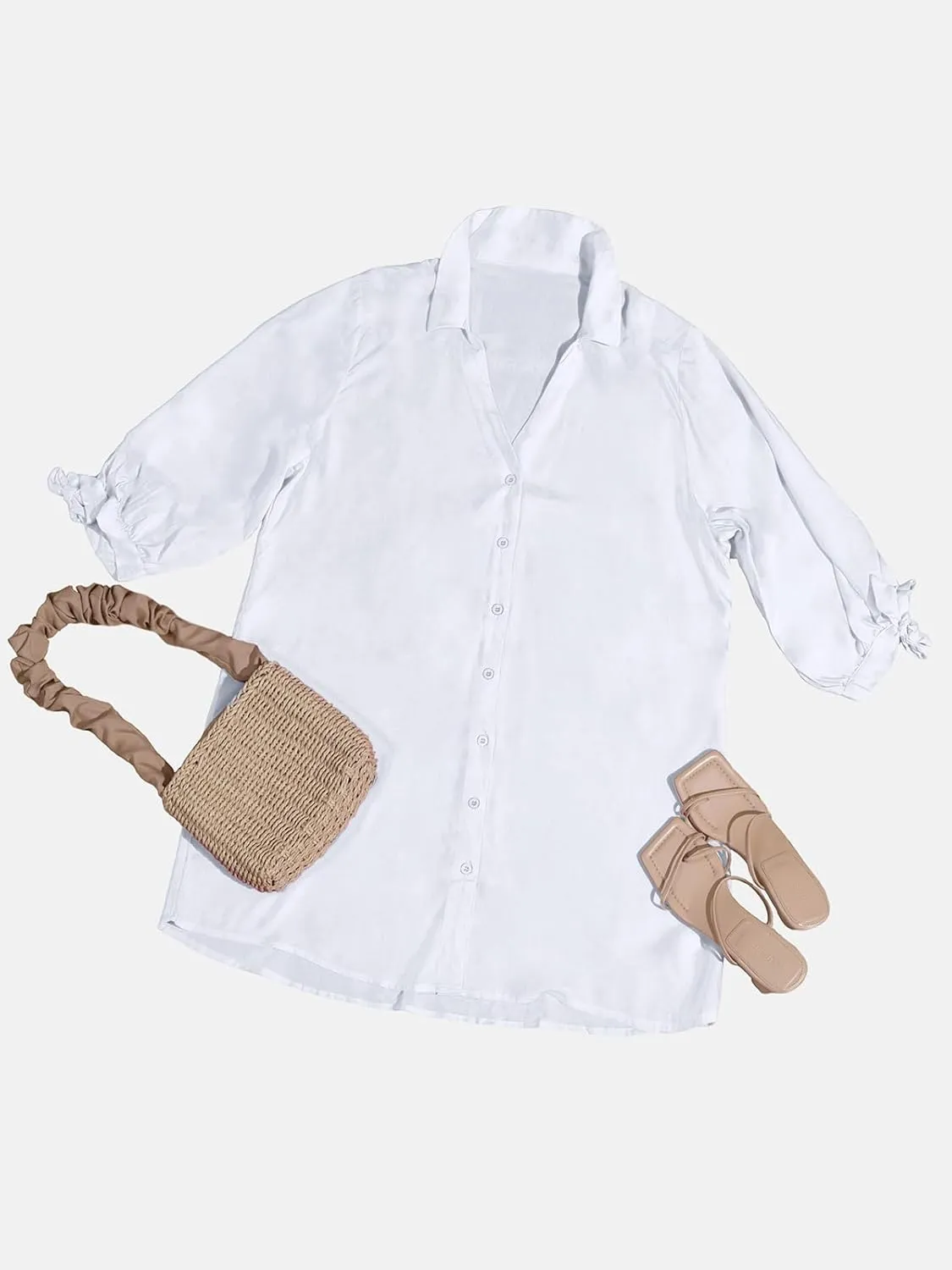 CUPSHE Women Shirt Mini Summer Dress Cover Ups 3/4 Sleeve Cuff Tie Button Down Holiday Sundress Beach Cover Up Dress