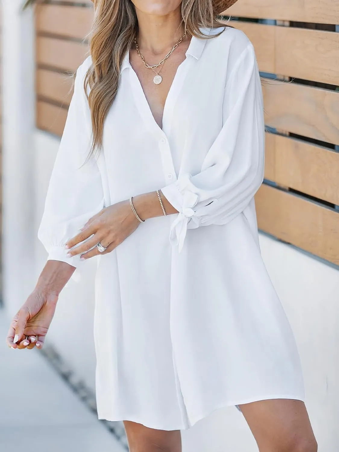 CUPSHE Women Shirt Mini Summer Dress Cover Ups 3/4 Sleeve Cuff Tie Button Down Holiday Sundress Beach Cover Up Dress