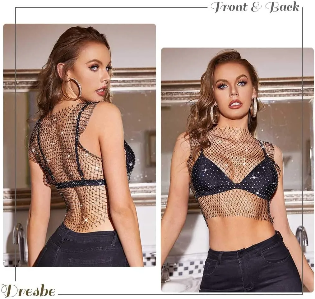DRESBE Rhinestone Mesh Body Chains Hollow Tank Tops Bikini Crop Top Party Body Jewelry Accessories for Women and Girls