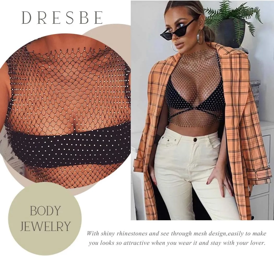 DRESBE Rhinestone Mesh Body Chains Hollow Tank Tops Bikini Crop Top Party Body Jewelry Accessories for Women and Girls