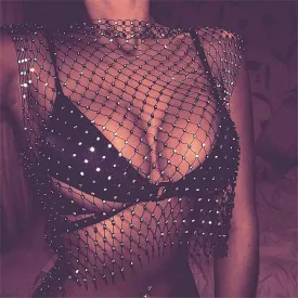 DRESBE Rhinestone Mesh Body Chains Hollow Tank Tops Bikini Crop Top Party Body Jewelry Accessories for Women and Girls