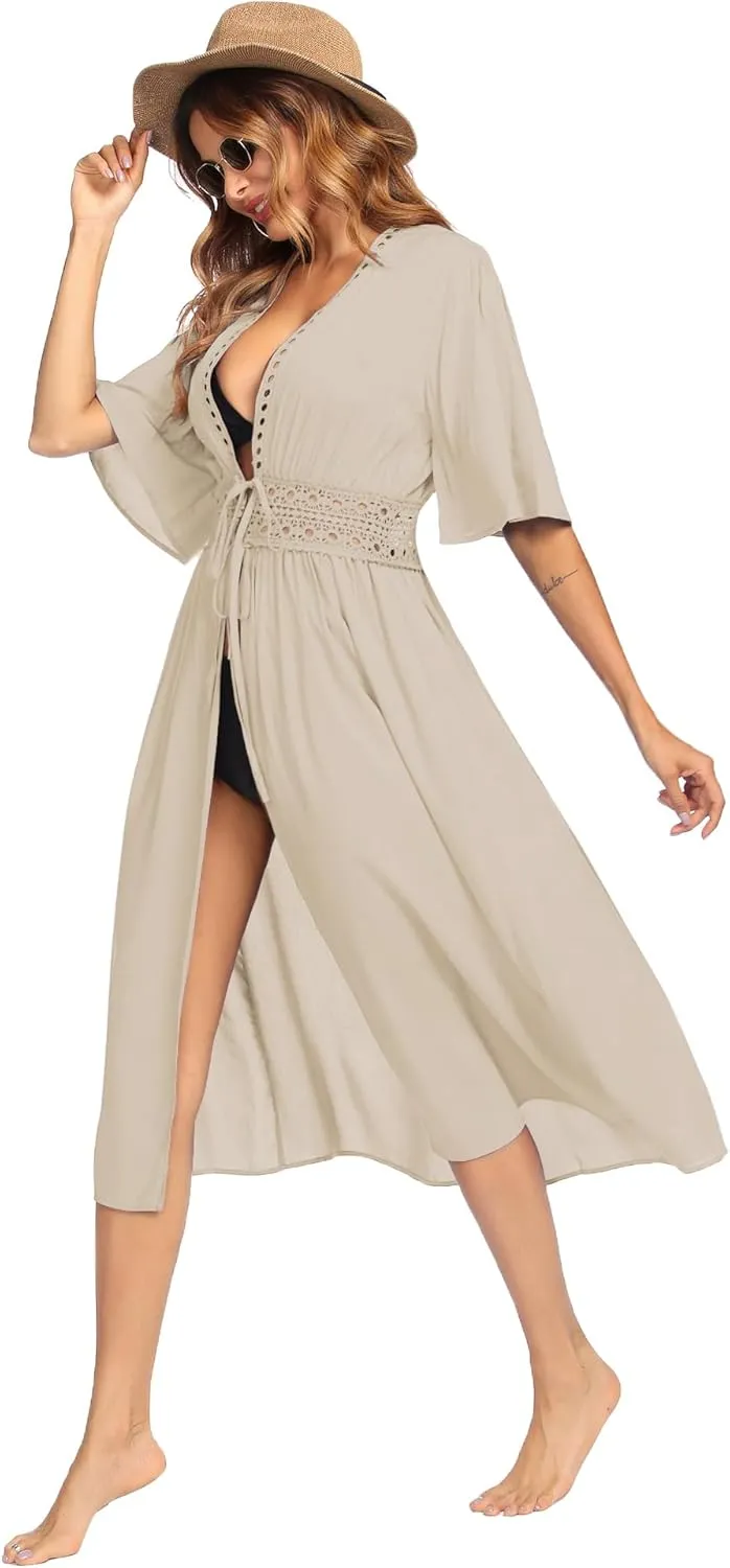 Ekouaer Women's Swimwear Cover Ups Sexy Open Front Beach Bikini Swimsuit Kimono Cardigan Cover Up Long Flowy Beachwear