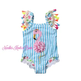 Girls Flamingo Swimsuit, Toddler, Baby, One Piece Bathing Suit, Sizes 1 - 6