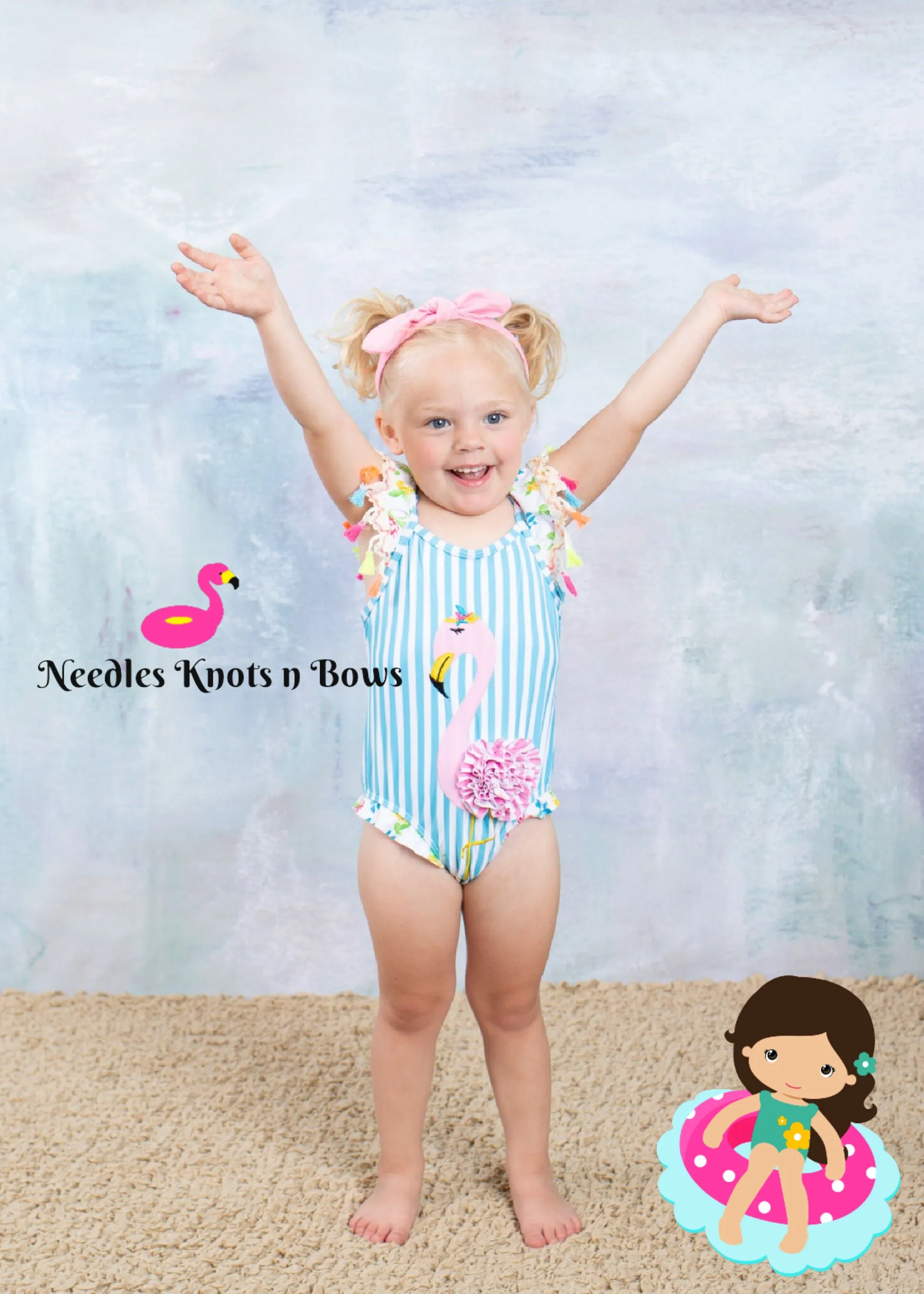 Girls Flamingo Swimsuit, Toddler, Baby, One Piece Bathing Suit, Sizes 1 - 6