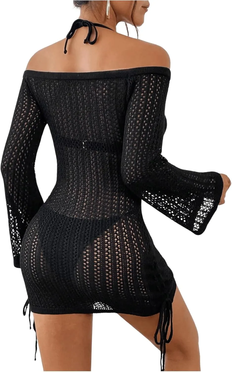 GORGLITTER Women's Hollow Out Cover Up Dress Crochet Drawstring Side Off Shoulder Long Sleeve Beach Dress