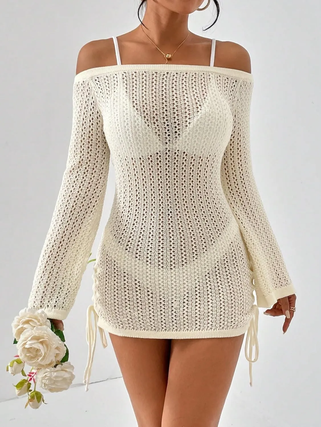 GORGLITTER Women's Hollow Out Cover Up Dress Crochet Drawstring Side Off Shoulder Long Sleeve Beach Dress