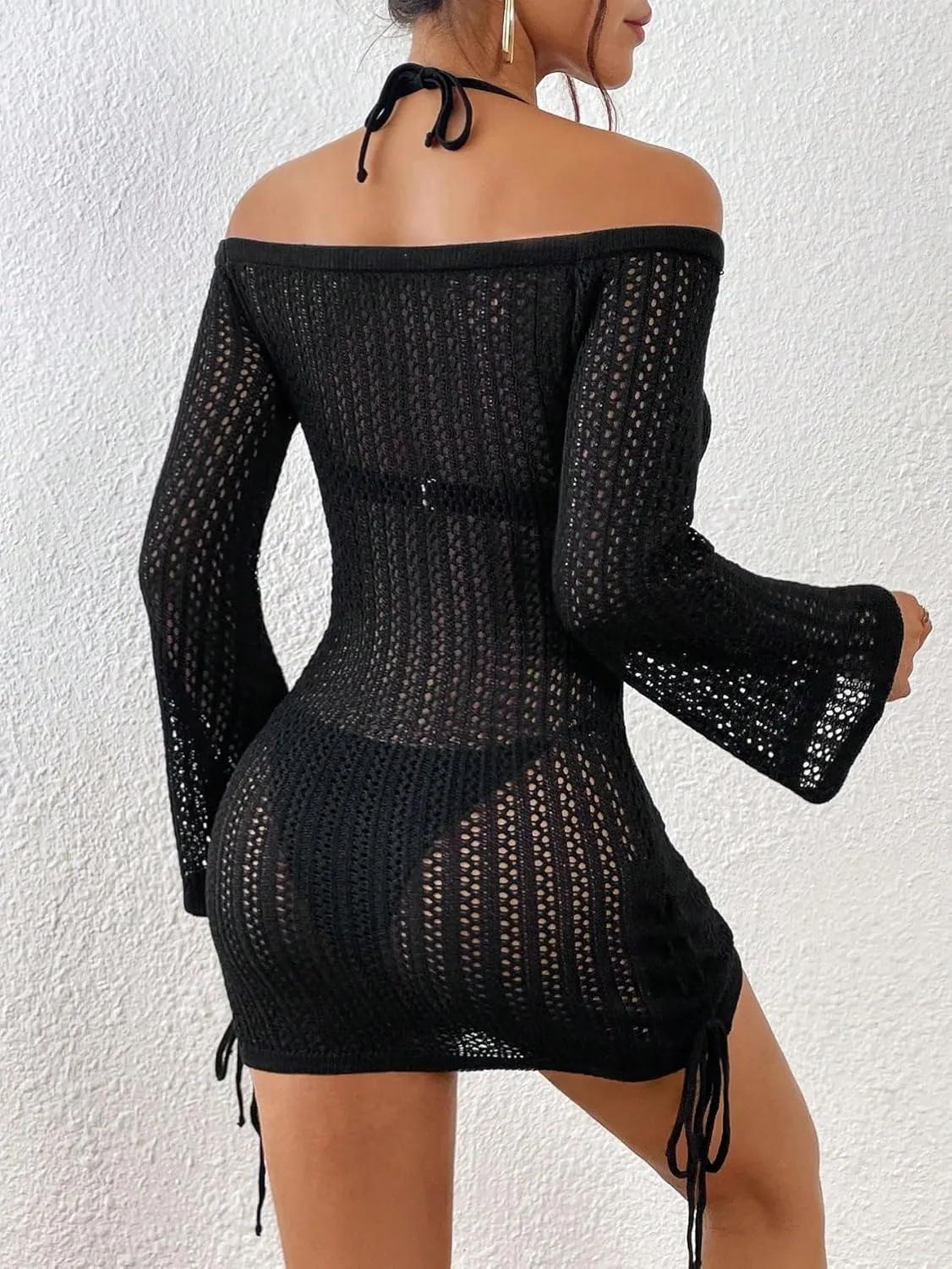 GORGLITTER Women's Hollow Out Cover Up Dress Crochet Drawstring Side Off Shoulder Long Sleeve Beach Dress