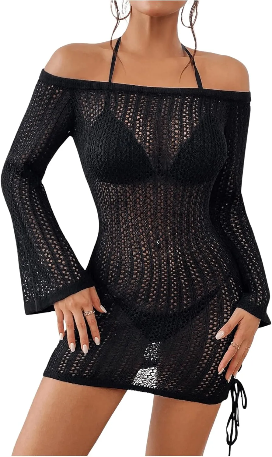 GORGLITTER Women's Hollow Out Cover Up Dress Crochet Drawstring Side Off Shoulder Long Sleeve Beach Dress