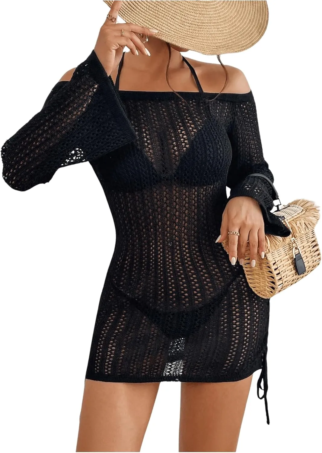 GORGLITTER Women's Hollow Out Cover Up Dress Crochet Drawstring Side Off Shoulder Long Sleeve Beach Dress