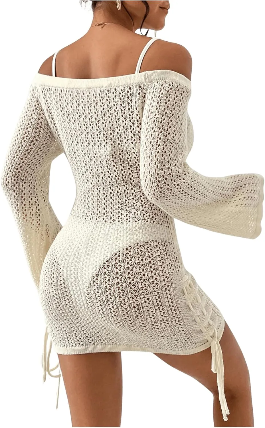 GORGLITTER Women's Hollow Out Cover Up Dress Crochet Drawstring Side Off Shoulder Long Sleeve Beach Dress