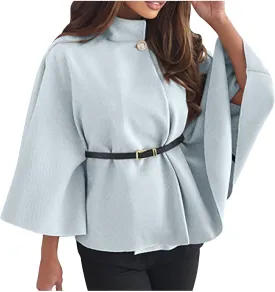 HGps8w Winter Coats for Women Elegant Stand Collar Wool Blend Batwing Poncho Cape Jacket Outerwear with Belt