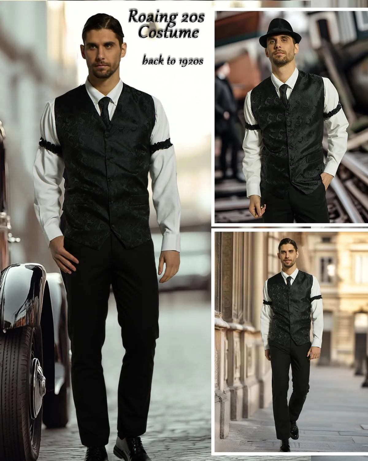 kasahara 1920s Mens Costume Roaring 20s Outfit for Men Gangster Costume Accessories Dress Shirt Vest Fedora Hat 1920s Outfit