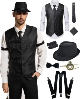 kasahara 1920s Mens Costume Roaring 20s Outfit for Men Gangster Costume Accessories Dress Shirt Vest Fedora Hat 1920s Outfit