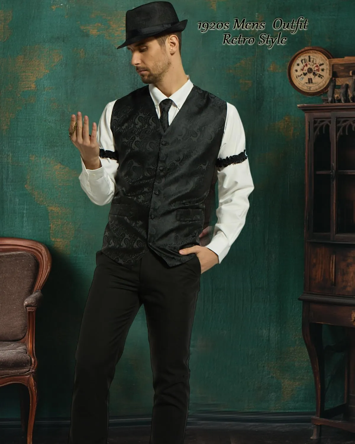 kasahara 1920s Mens Costume Roaring 20s Outfit for Men Gangster Costume Accessories Dress Shirt Vest Fedora Hat 1920s Outfit