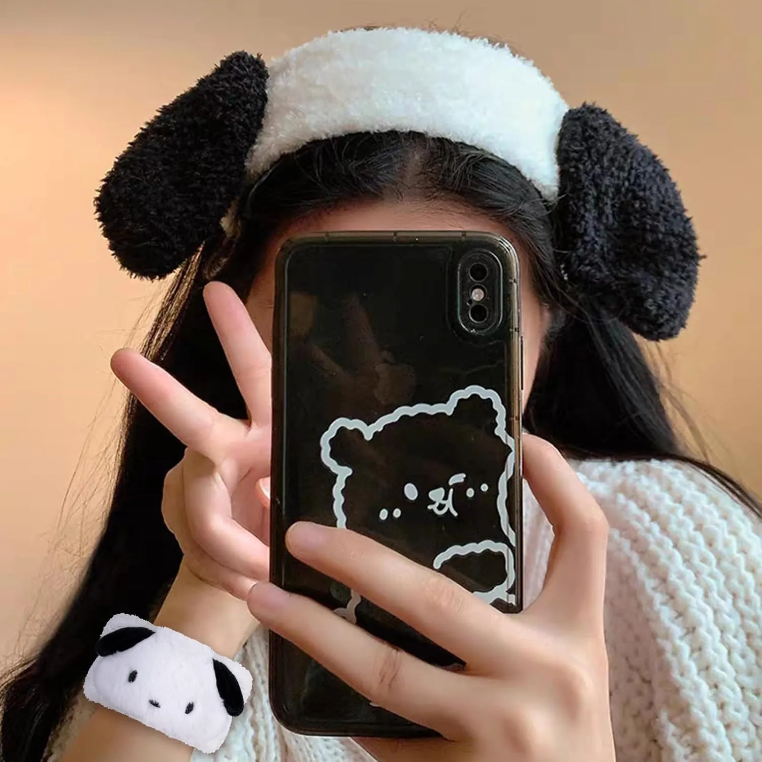 Kawaii Dog Ears Face Wash Headband with Matching Spa Wristbands Cuff Hair Scrunchy for Women Girls Makeup Beauty Skincare Headwrap Kids Cute Cartoon Costume Accessory