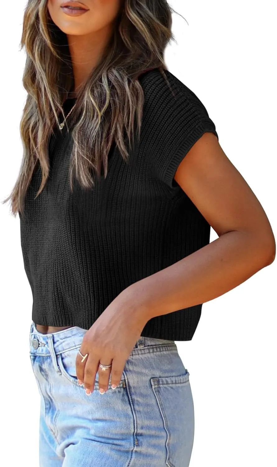 LCXWFE Womens Summer Cropped Sweater Vest Trendy Cap Sleeve Crop Tops Crew Neck Loose Knit Tank Top