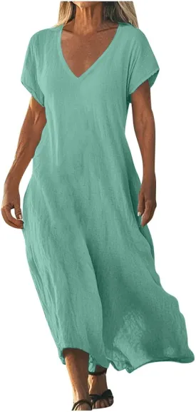 Linen Dresses for Women 2025 Trendy Casual V Neck Long Maxi Dress Flowy Summer Sundresses Beach Vacation Clothes
