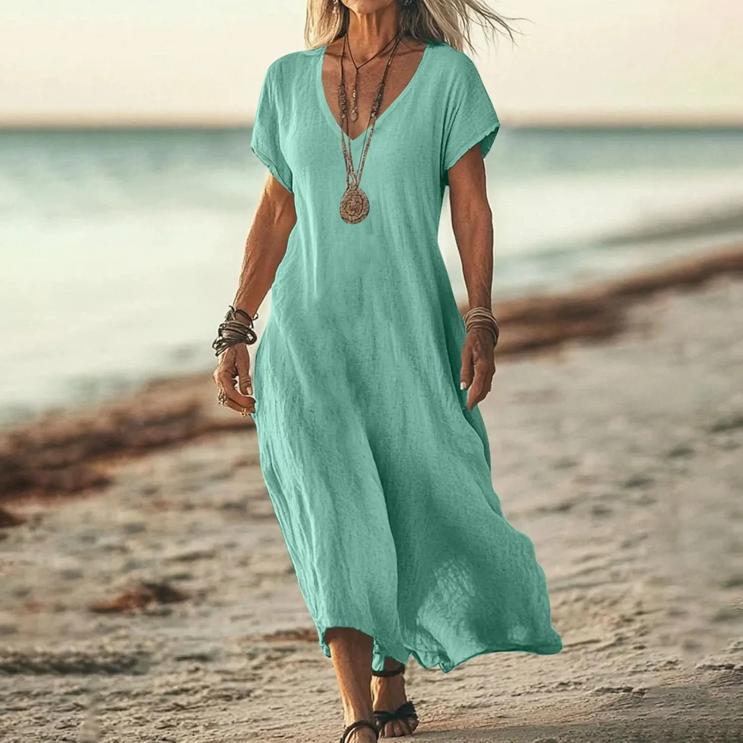 Linen Dresses for Women 2025 Trendy Casual V Neck Long Maxi Dress Flowy Summer Sundresses Beach Vacation Clothes