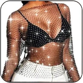 Mesh Tank Top Rhinestone Body Chain Glitter Long Sleeve Cover up Crop Tops Elastic Fishnet Body Jewelry Accessories for Women and Girls