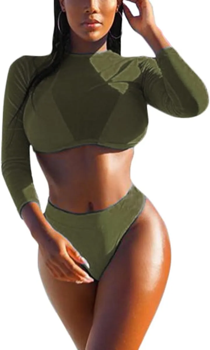 Meyeeka Womens Sexy High Waist Rash Guard Swimwear Long Sleeve 3PCS Swimsuit