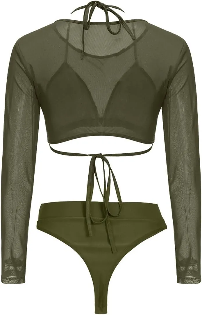 Meyeeka Womens Sexy High Waist Rash Guard Swimwear Long Sleeve 3PCS Swimsuit